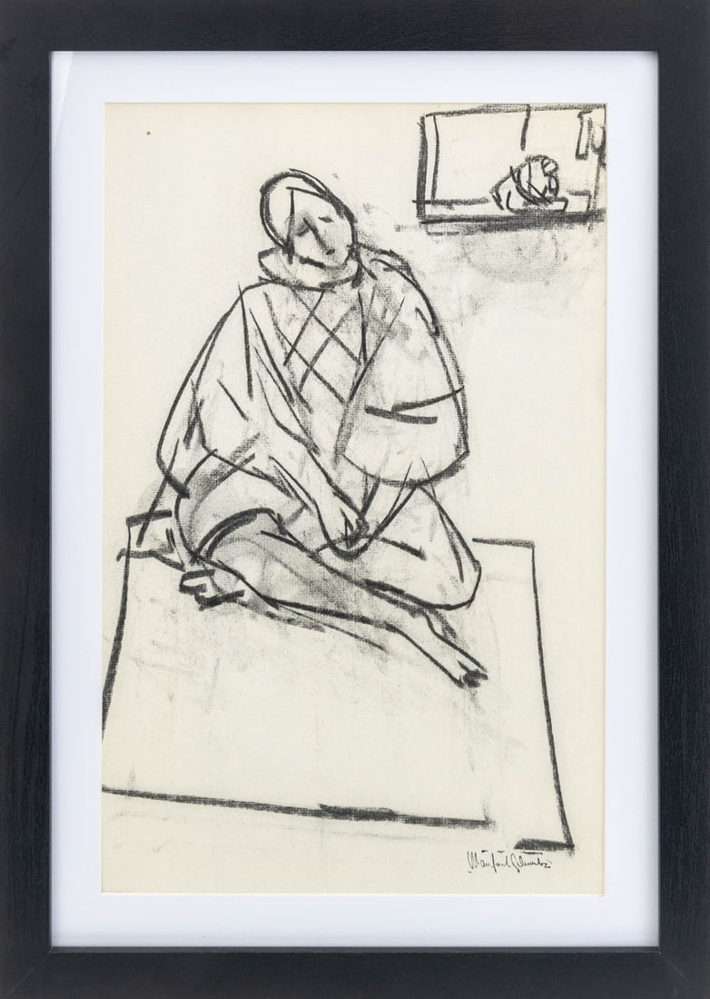 Manfred Schwartz Seated Woman Study Charcoal: Manfred Schwartz (American, born Poland, 1909-1970), Seated Woman Study, Charcoal on Paper, artist's signature stamp lower right, black easel frame. Image: 16.5" H x 10.5" W; frame: 20.75" H x 15" W x
