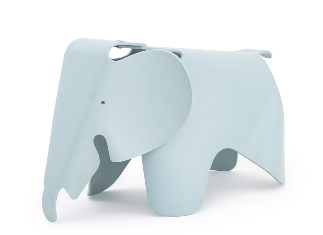 Charles & Ray Eames Sky Blue "Elephant RE": Charles and Ray Eames Sky Blue Recycled Plastic "Elephant RE" Sculpture, manufactured by Vitra, with plaque label to head and marked to underside. 16.5" H x 28.5" W x 15" D. Provenance: From an East V