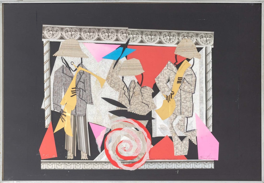 Herb G. Bennett "Their Hats are Jazzy Too!", 2001: Herb Glenn Bennett (American, XX-XXI), "Their Hats are Jazzy Too!", Collage on Paper, 2001, signed in pencil, titled, and dated lower right, label verso, silver-tone metal frame. Image: 18" H x 21" W;