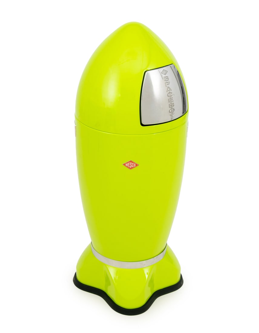 Wesco Lime Green "Spaceboy" Trash Can: Wesco Lime Green "Spaceboy" Trash Can, marked. 410" H x 16" W x 16" D. Provenance: From an East Village Estate. Keywords: Designer, Waste bin, Garbage can, Futuristic, Futurism, Space ship, Interior d