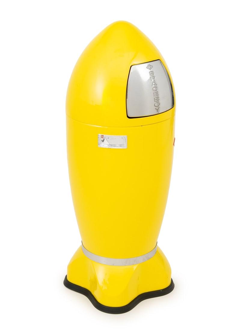 Wesco Lemon Yellow "Spaceboy" Trash Can: Wesco Lemon Yellow "Spaceboy" Trash Can, marked. 410" H x 16" W x 16" D. Provenance: From an East Village Estate. Keywords: Designer, Waste bin, Garbage can, Futuristic, Futurism, Space ship, Interior