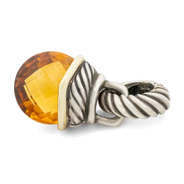 David Yurman Silver 14K Gold Citrine Acorn Pendant: David Yurman Sterling Silver 14K Yellow Gold Citrine Acorn Pendant, featuring one bezel set modified briolette citrine weighing approx. 8.05 carats, with hinged bail. marked: "(c) D.Y. 925 585". Measu