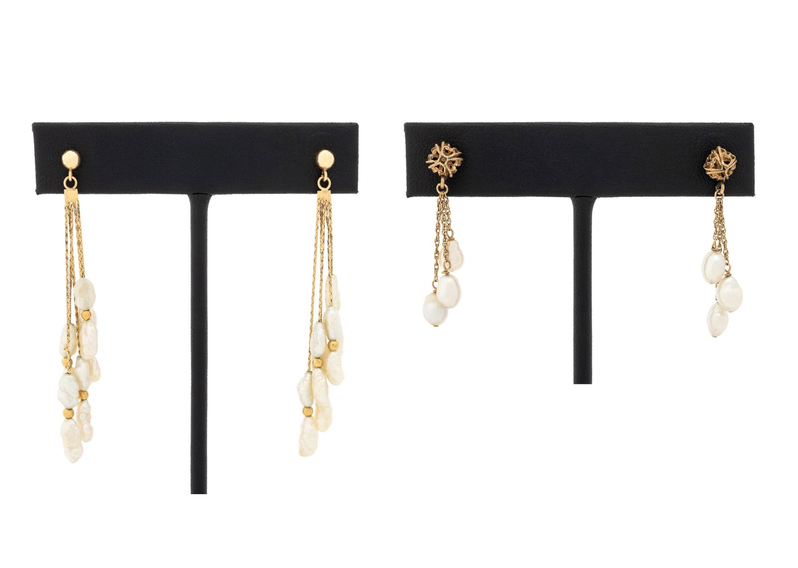 14K Yellow Gold Pearl Drop Earrings, 2 Pairs: 14K Yellow Gold Pearl Drop Earrings Set, first pair featuring 6 cultured pearls approx. 3.5 - 5.0 mm, suspended on chain segments, worn through pierced earlobes with posts and friction backs, second p