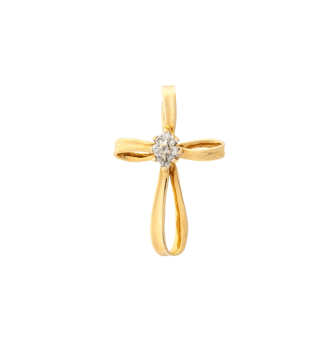 10K Yellow Gold Diamond Cross Pendant: 10K Yellow Gold Diamond Pendant, designed as an open bow ribbon cross, adorned with nine prong set round faceted diamonds weighing approx. 0.13 carat, marked: "10K" maker's mark. Measuring approx. 1"