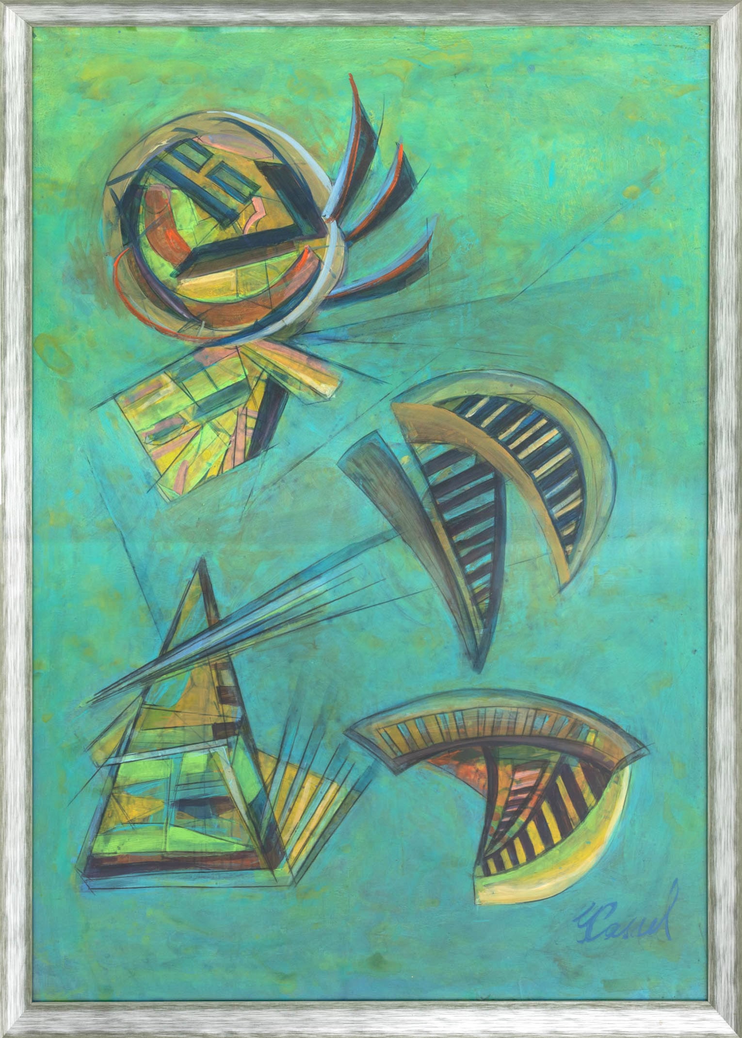 Graciela Cassel Abstract Composition Mixed Media: Graciela Cassel (Argentine, b. 1956), Abstract Composition in Green, Mixed Media on Paper, signed lower right, silvered wood frame. Image: 50" H x 35.25" W; frame: 53.25" H x 38.5" W x 1.5" D. Provena