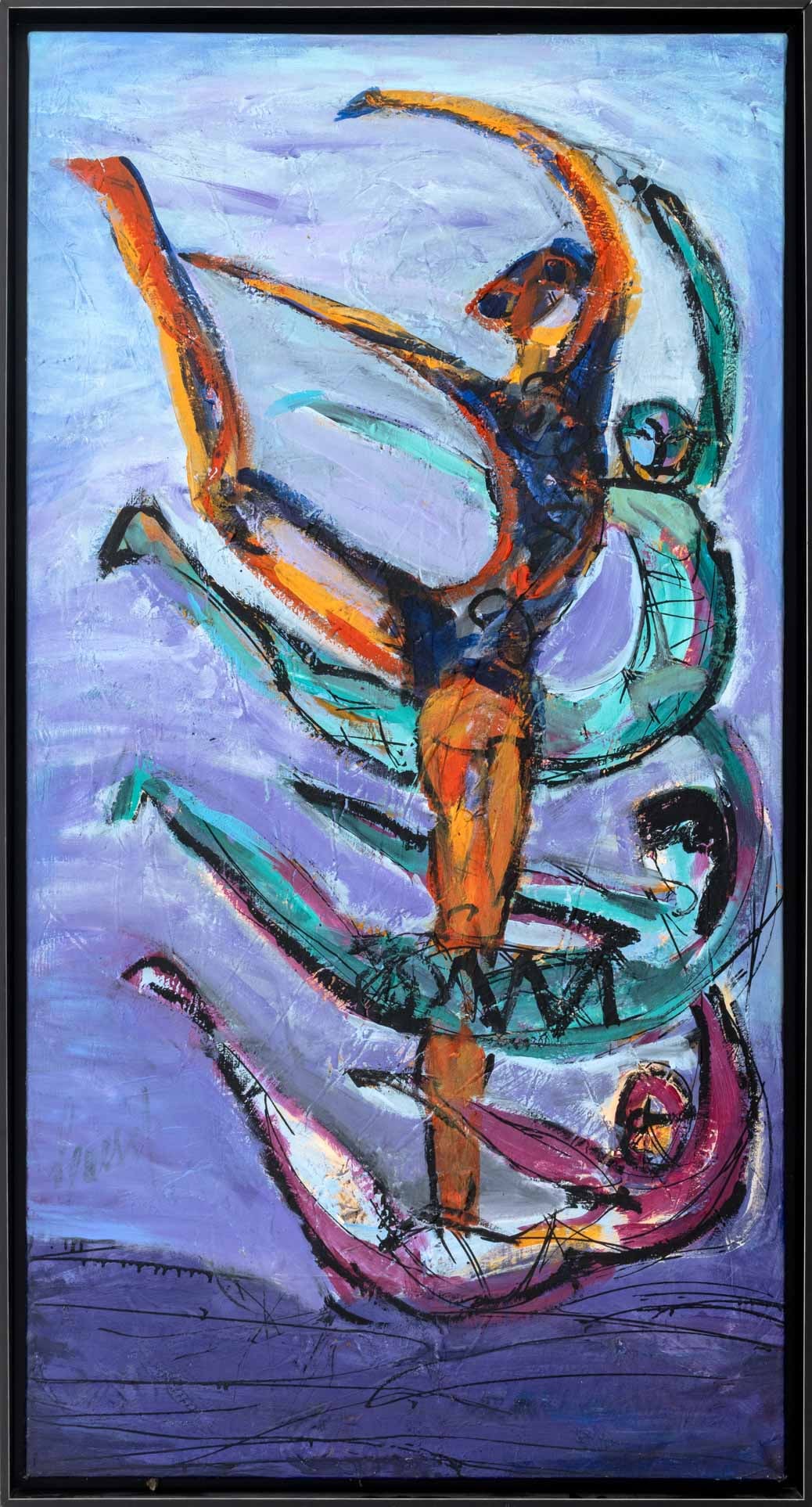 Graciela Cassel Dancers Oil on Canvas: Graciela Cassel (Argentine, b. 1956), Dancers, Oil on Canvas, unsigned, ebonized wood frame. Image: 52.75" H x 27.5" W; frame: 55.75" H x 29.5" W x 2.25" D. Provenance: From a New York City Collection