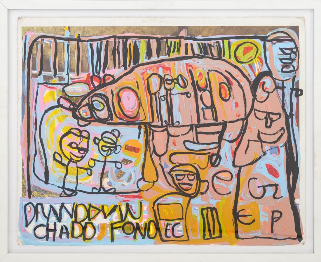 Brandon Spicer-Crawley Attr. Abstract Mixed Media: Brandon Spicer-Crawley (American, b. 1980) Attributed, Abstract Figural Scene, Acrylic on Lithograph in Colors, apparently unsigned, white metal frame. Image: 22" H x 28" W; frame: 25.25" H x 31" W x