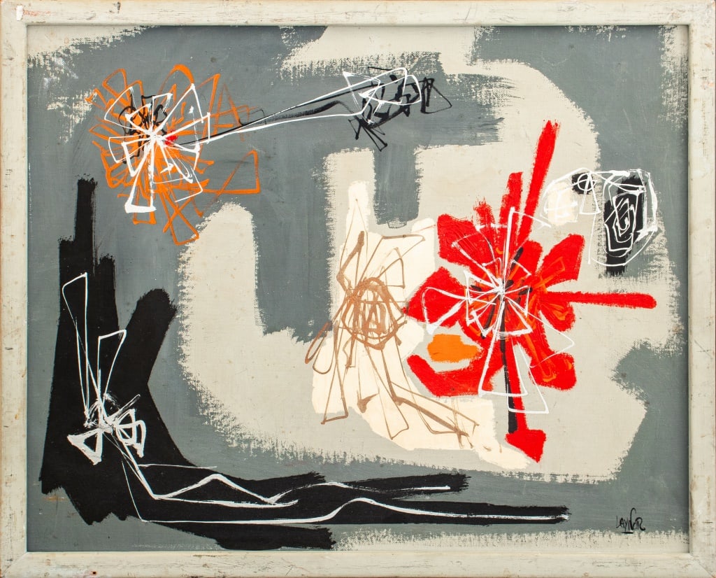 Harold Laynor Abstract Composition Oil on Board: Harold Laynor (American, 1922-1991), Abstract Composition, Oil on Board, grey field with red and orange scribbles, signed lower right, grey painted frame. Image: 15.5" H x 19.5" W; frame: 17" H x 21"