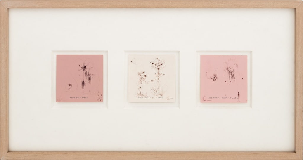 Paul Henry Ramirez Paint Chip Drawings, 2008, 3: Paul Henry Ramirez (American, b. 1963), Three Paint Chip Drawings, Ballpoint Pen on Paper, 2008, signed and dated verso, framed together in white wood frame. Overall image: 7.5" H x 15" W; frame: 8.25
