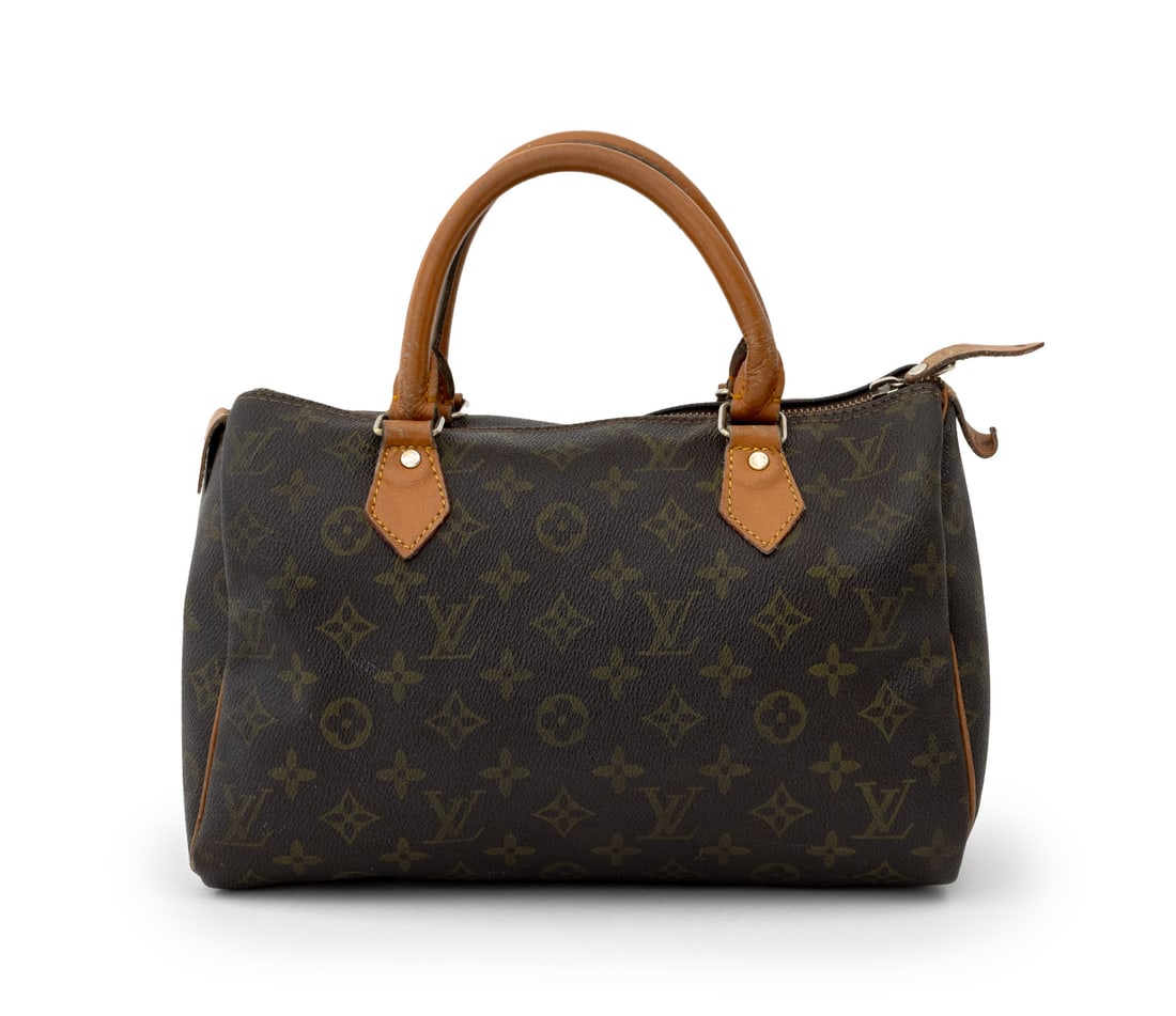 Louis Vuitton Monogram Canvas Speedy Handbag: Louis Vuitton Monogram Canvas Speedy Handbag, with tan leather top handles and top zipper opening to brown suede lining with single zipper pocket, marked "Louis Vuitton / Paris / Made in France". 8"