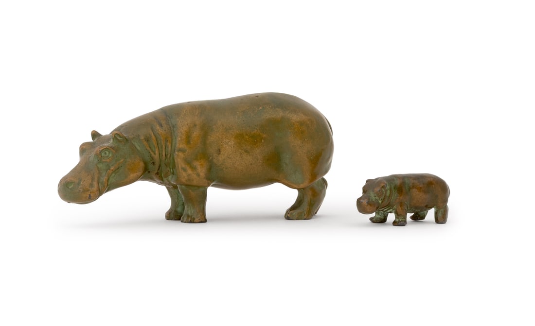Hippo Mother Child Patinated Bronze Sculptures, 2: Hippopotamus Mother and Child Verdigris Patinated Bronze Sculptures, 20th century. Larger: 2.75" H x 5.75" W x 2" D. Provenance: From a New York City Estate. Keywords: Statue, Figurines, Bronzier, Ani
