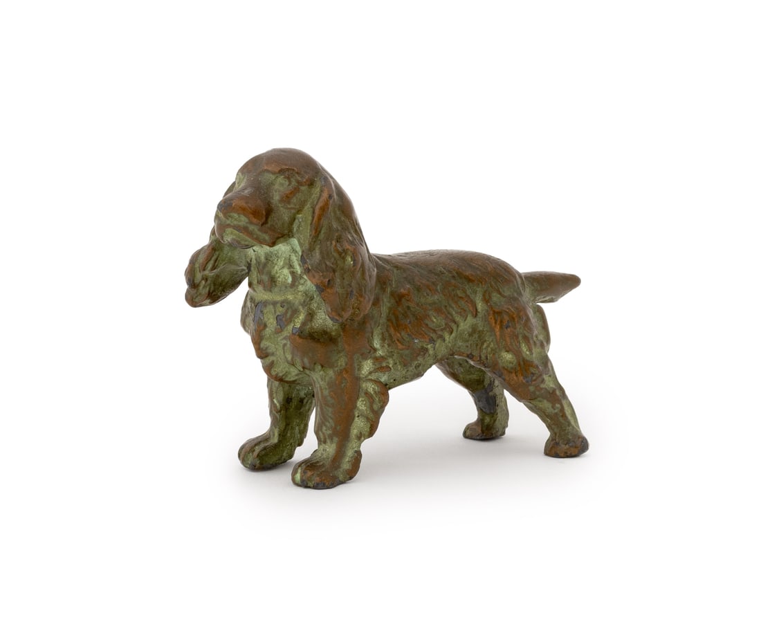 Cocker Spaniel Patinated Bronze Sculpture, 20th C.: Cocker Spaniel Verdigris Patinated Bronze Sculpture, 20th century. 3" H x 4" W x 1.5" D. Provenance: From a New York City Estate. Keywords: Dogs, Animalier, Figurine, Statue, Bronzier, Vintage,