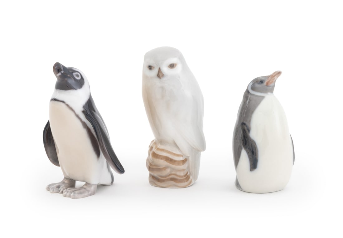 Royal Copenhagen Owl and Penguin Figurines, 3: Group of Three Royal Copenhagen Owl and Penguin Porcelain Figurines, Snowy Owl figure 1741, Bing & Grondahl Penguin figure 1821, and Penguin 3003, each marked underside. Largest: 3.5" H x 1.25" Diamet