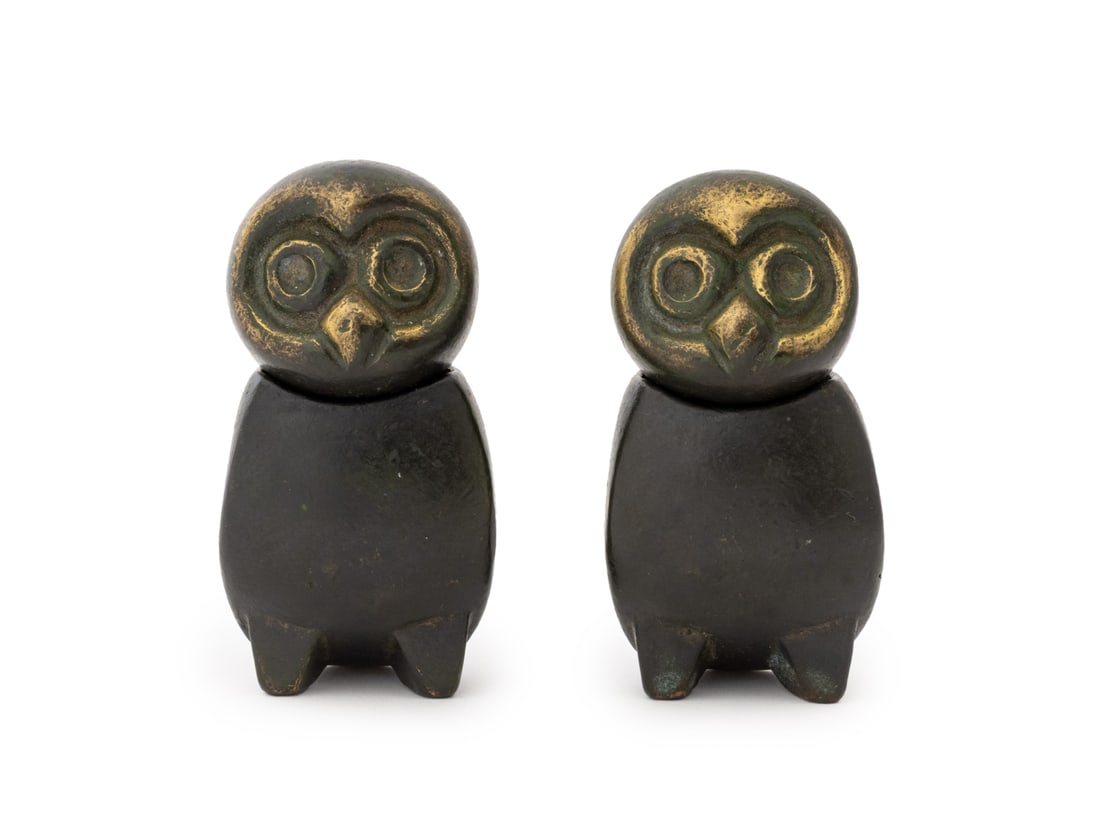 Seated Owl Patinated Bronze Sculptures, Pair (1 of 6)
