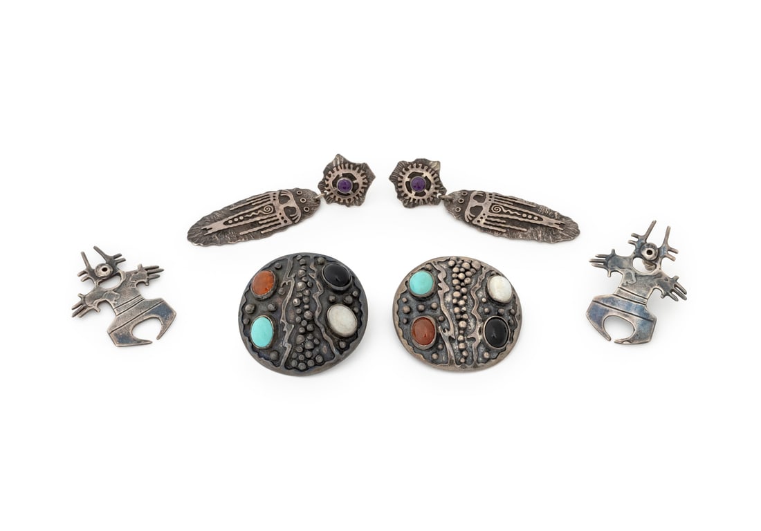 Rebecca Tobey, Etc. Silver Earrings, 3 Pairs: Group of Three Pairs of Mexican and American Earrings, comprising: a pair of silver Southwest motif earrings marked "M", one pair of Rebecca Tobey (American, b. 1948) silver figural earrings signed "T