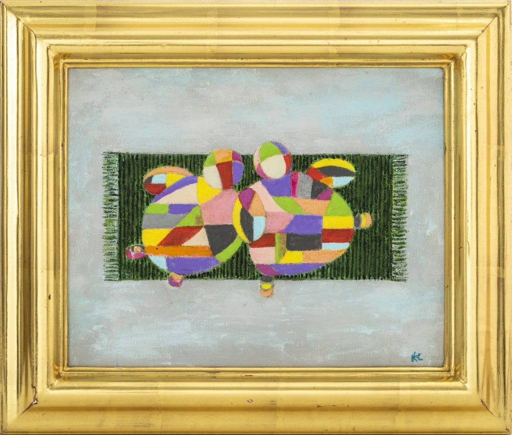 Kayo Lennar "Petit Tapis #3" Oil on Canvas, 1998: Kayo Lennar (French/American, b. 1923), "Petit Tapis #3" [Small Rug #3], Oil on Canvas, signed lower right, 1998, inscribed on back "Kayo Lennar / Petit Tapis #3 / 1998 / Just Fun", gilt frame. Image: