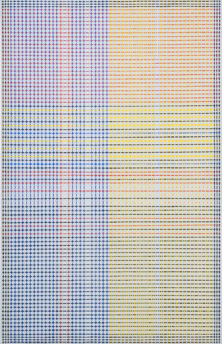 Allen Kubach Abstract Composition Acrylic, 1976: Allen Edward Kubach (American, 1921-2008), Abstract Composition in Primary Colors, Acrylic on Canvas, 1976, signed and dated verso, unframed. 67.25" H x 43" W x 1.5" D. Provenance: From a New Jersey C