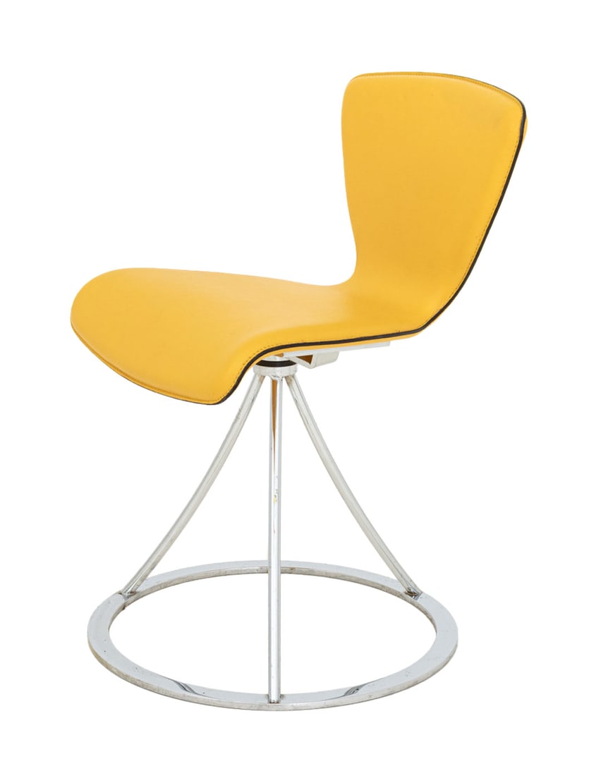 Italian Postmodern Yellow Leather Swivel Chair: Italian Postmodern Yellow Leather Swivel Chair, atop a chrome tripod support above a circular base. 29.5" H x 20" Diameter; seat: 19.5" H. Provenance: From a Vintage Collection of Italian Designer Fur