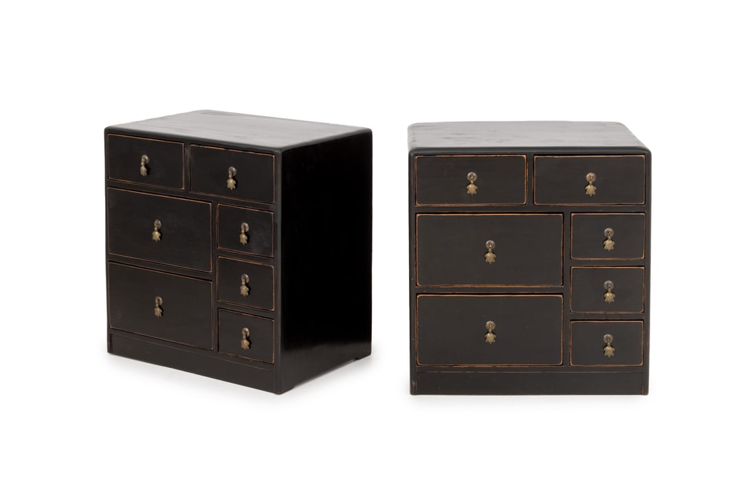 Chinese Ebonized End Tables, Pair: Pair of Chinese Ebonized End Tables, ebonized wood with parcel gilding, tortoise shaped brass pulls. 23" H x 21" W x 15" D. Provenance: From a New York City Collection. Keywords: Asian Modern Furnitur
