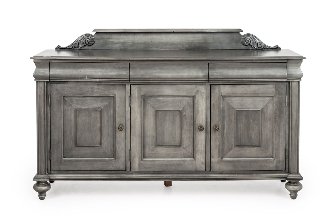 Ethan Allen "Saxon" Gray Wood Sideboard: Ethan Allen "Saxon" Gray Wood Credenza, maker's mark inside drawer. 42" H x 68" W x 19" D. Provenance: From an East Village Estate. Keywords: Cabinet, Sideboard, Buffet, Distressed Style,
