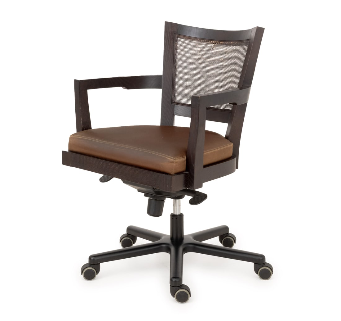 Promemoria Caffe Ufficio Executive Chair: Promemoria Caffe Ufficio Executive Chair, leather upholstered seat, caned back. 35" H x 25" W x 25" D; seat: 21". Provenance: From a 480 Park Avenue Collection. Keywords: Italian Design, Designer,
