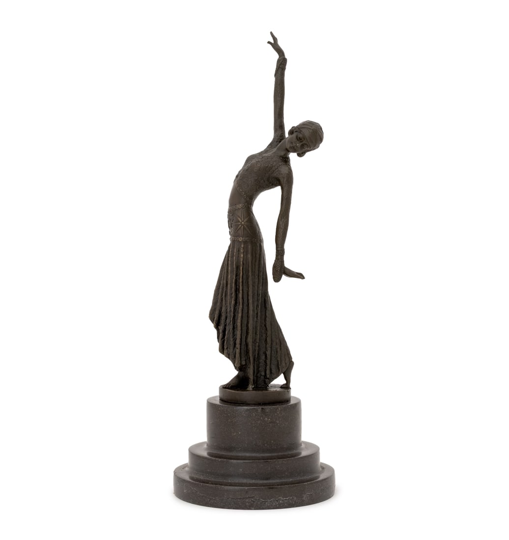 After D.H. Chiparus "Phoenician Dancer" Bronze: After Demetre Haraland Chiparus (Romanian, 1886-1947) "Phoenician Dancer" Patinated Bronze Sculpture, signed "D.H. Chiparus" to circular base, atop a stepped black marble plinth. Overall: 15" H x 5.25