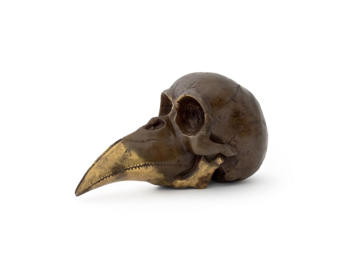 Illegibly Signed Bird Skull Bronze Sculpture, 1974: Bird Skull Gilt and Patinated Bronze Sculpture, 1974, illegibly signed and dated to underside. 6.5" H x 11" W x 5.5" D. Provenance: From an East Village Estate. Keywords: Gothic, Statue, Metalwork,
