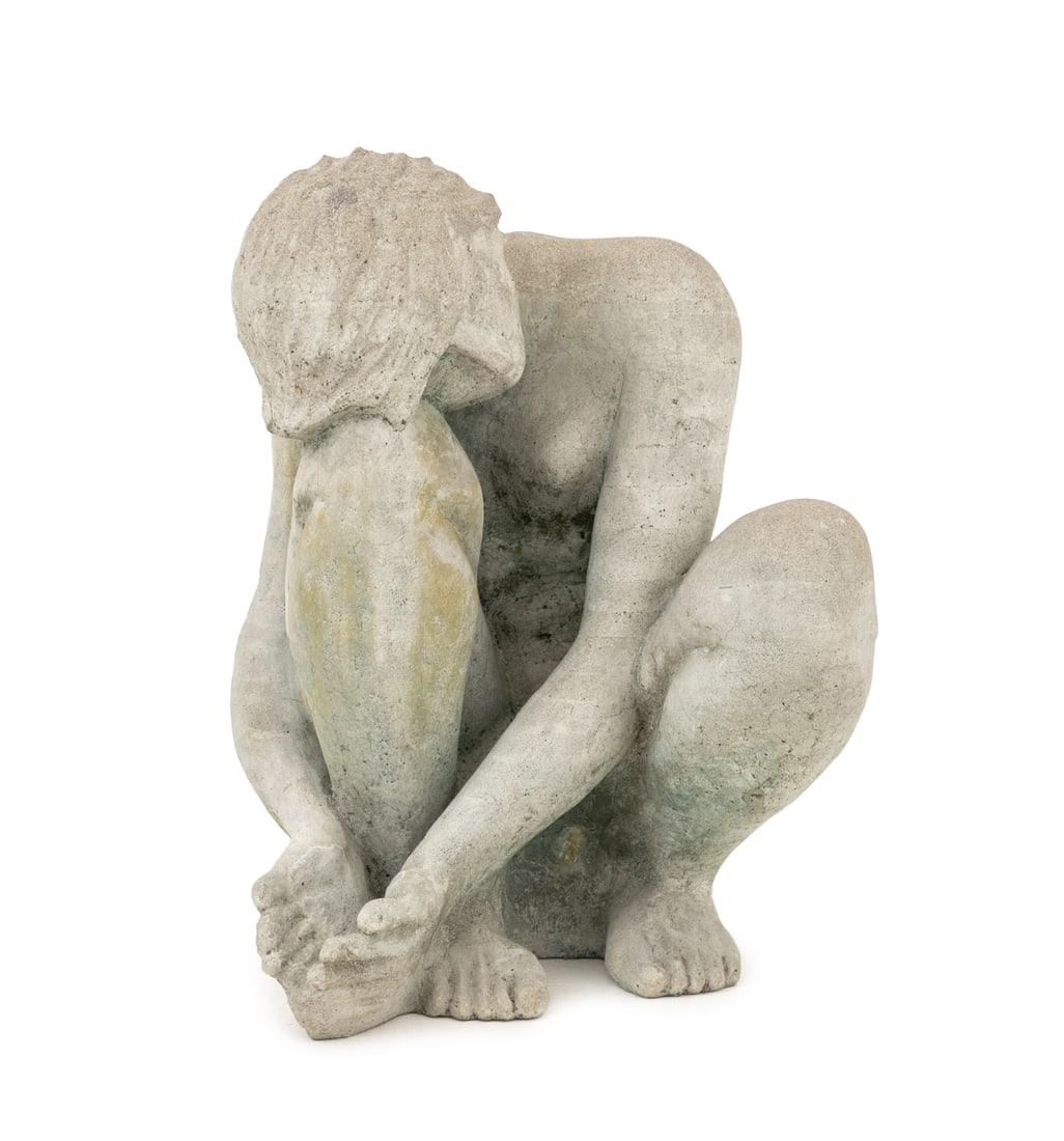 Modern Seated Nude Figure Cast Stone Sculpture: Modern Seated Nude Female Figure Cast Stone Sculpture, marked illegibly to base. 20" H x 15" W x 16" D. Provenance: From a New York City Collection. Keywords: Garden sculpture, Statue, Figural, Figura