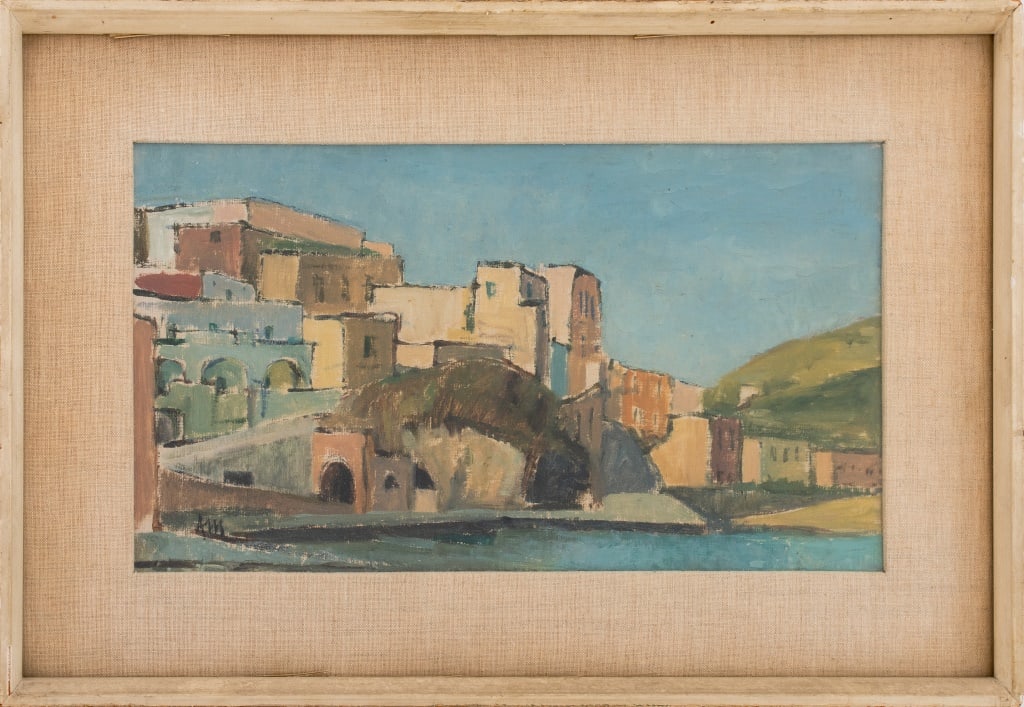 Illegibly Signed Landscape Oil on Canvas Board: Italian School, Landscape Scene, Oil on Canvas Board, illegibly signed "AM(?)" lower left, white painted wood frame. Image: 8" H x 13" W; frame: 12.5" H x 18" W. Provenance: From a Chelsea Estate. Key