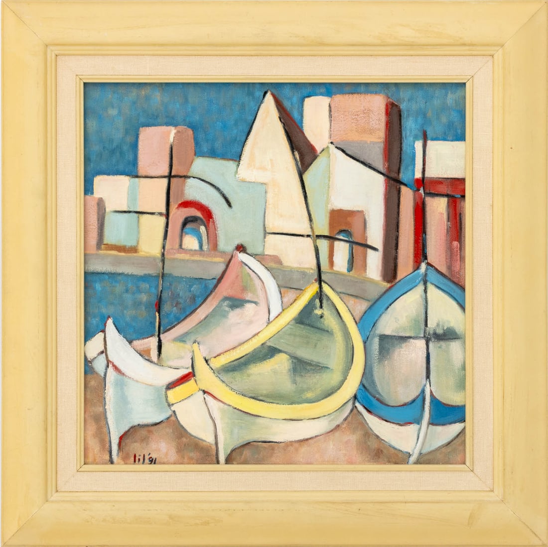 Signed Post-Cubist Harbor Scene Oil on Canvas (1 of 6)
