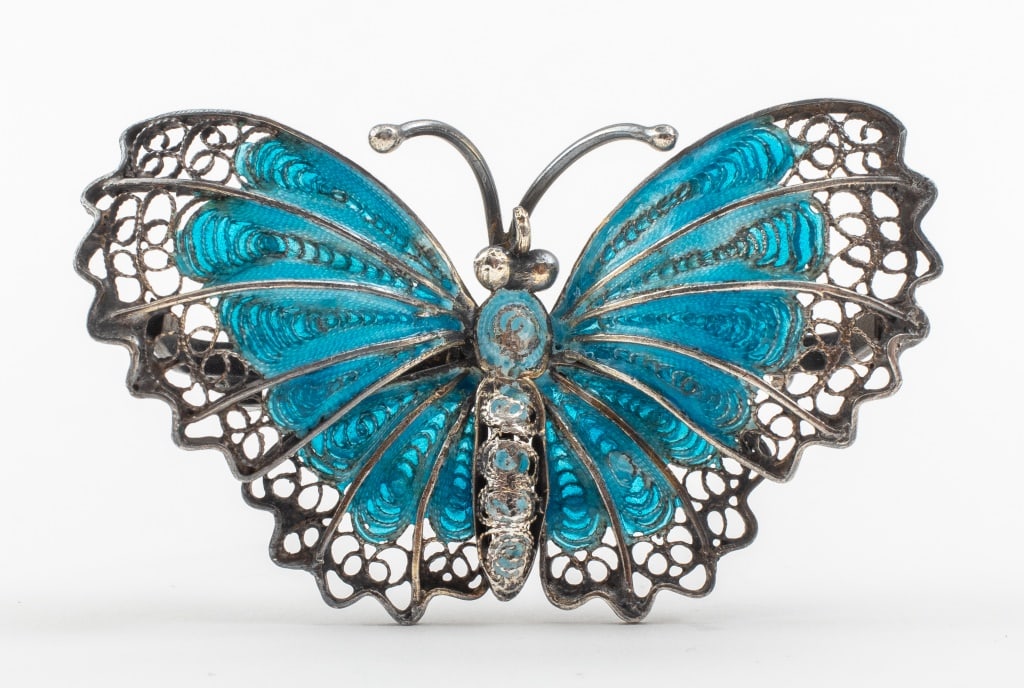 Silver Plique-a-Jour Enamel Butterfly Brooch: Silver Plique-a-Jour Enamel Butterfly Brooch, handcrafted silver filigree with blue enamel, c clasp with extended pin stem, marked: "800". Brooch approx 1 3/4" x 1", approx 0.21 ozt. inclusive. Keywor