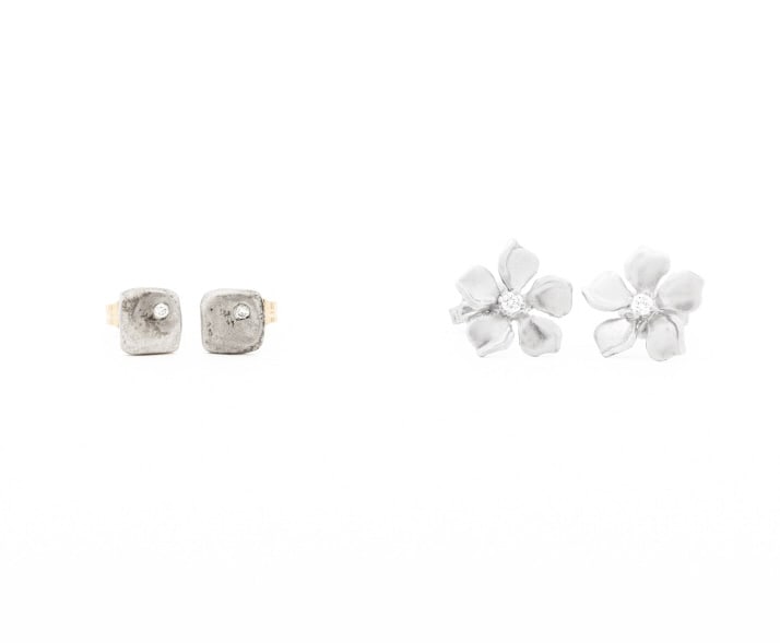 14K White & Yellow Gold Earrings, 2 Pairs: Two Pairs of 14K Gold Earrings, brightly polished and satin finished, first pair made with 14K white gold, designed as flowers with two centered prong set round diamonds weighing a total of approx. 0.