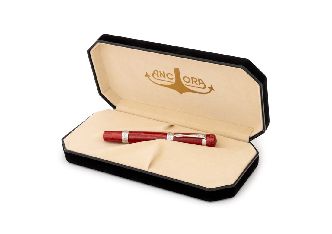 Ancora Perla Red Limited Edition Ballpoint Pen: Ancora Perla Red Limited Edition Ballpoint Pen, in marbled red resin case with palladium trim, numbered edition "156/500", in original fitted case. Pen: 5.5" L; overall: 1.5" H x 9" W x 4.5" D. Proven