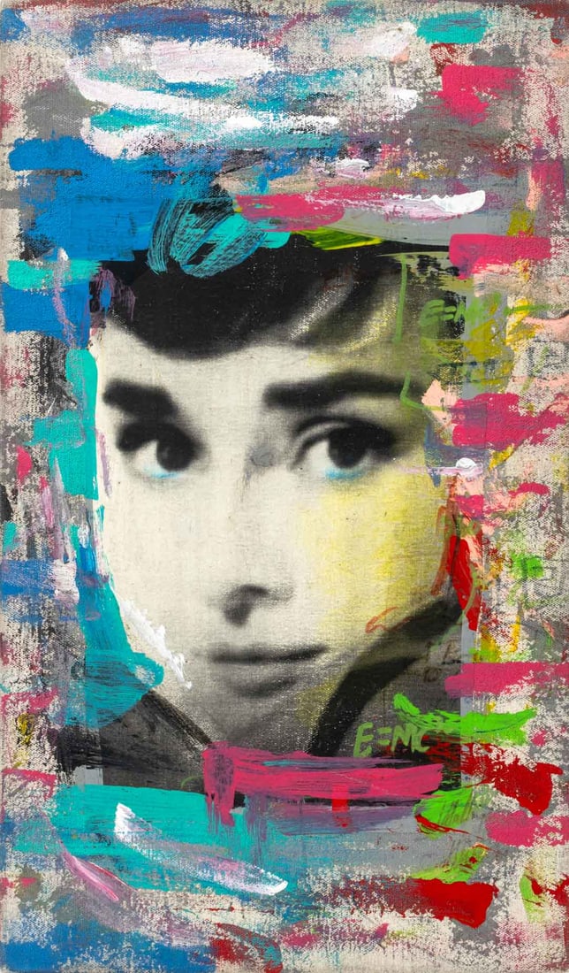 Walford Williams "Audrey Hepburn" Mixed Media: Walford Williams (Jamaican, b. 1974), "Audrey Hepburn", Mixed Media on Canvas, unsigned, unframed. 24.25" H x 14.25" W x 1" D. Provenance: From a New Jersey Collection. Keywords: Breakfast at Tiffany'