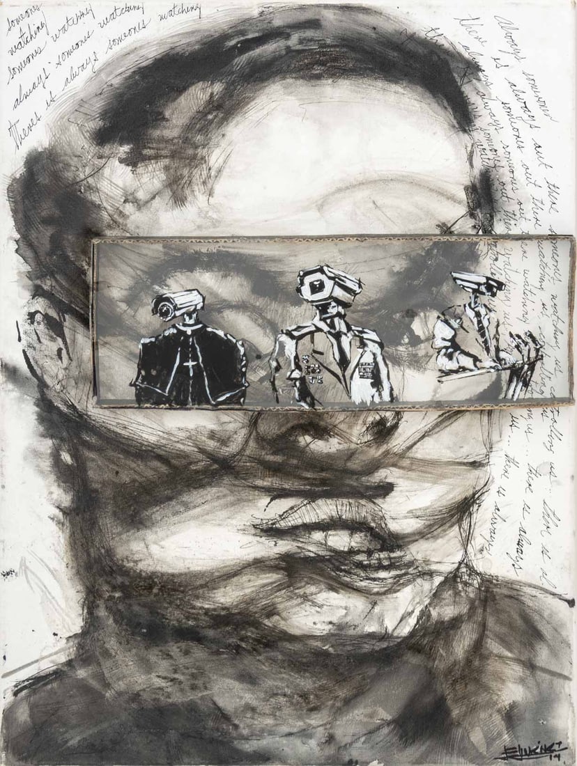 Esteban Guerra "There is Always Someone ...", 2014: Esteban Jimenez Guerra (Cuban, XX-XXI), "There is Always Someone Watching Us", Mixed Media Collage, 2014, signed and dated lower right, titled verso, unframed. 24" H x 18" W x 1.75" D. Provenance: Fro