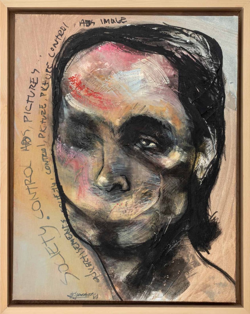 Esteban J. Guerra "Selfie" Mixed Media, 2014: Esteban Jiminez Guerra (Cuban, XX-XXI), "Selfie", Mixed Media on Canvas Panel, 2014, signed and dated lower left, label verso, wood frame. Image: 14" H x 11" W; frame: 15.25" H x 12.25" W x 1.5" D. Pr