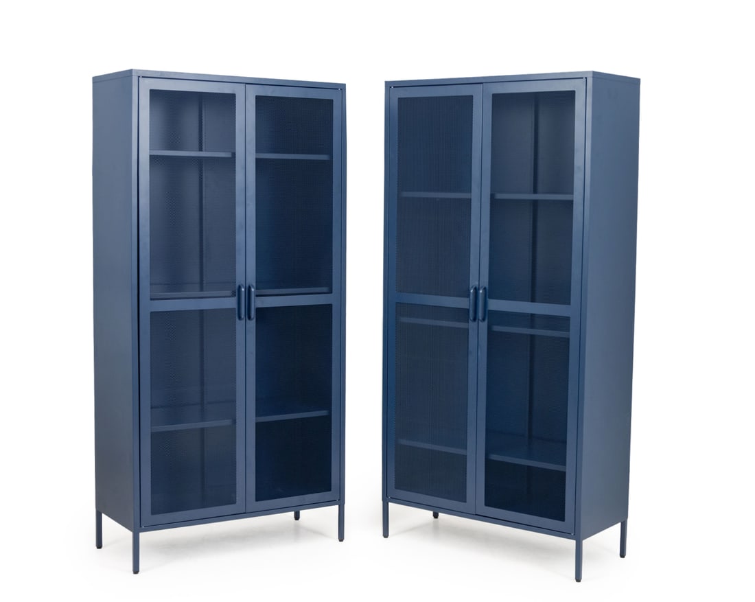 Novogratz Channing Navy Blue Two-Door Cabinet: Novogratz Channing Navy Blue Two-Door Cabinet, with two screen paneled metal doors opening to four shelves. 73" H x 35.5" W x 15.75" D. Provenance: From an East Village Estate. Keywords: Contemporary