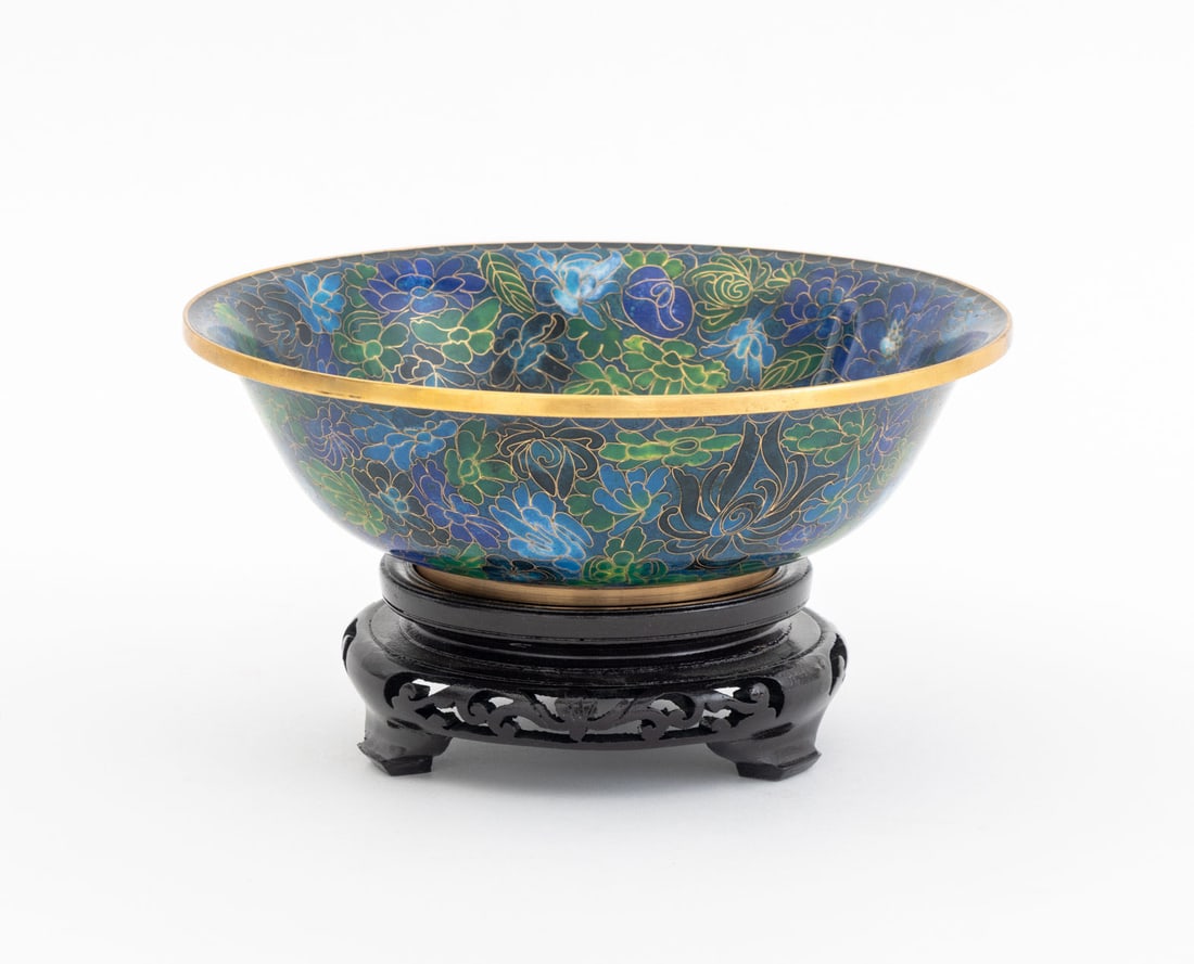 Chinese Chrysanthemum Motif Cloisonne Bowl: Chinese Chrysanthemum Motif Blue Cloisonne Bowl, together with carved wood stand and original "Hand Made / Cloisonne Ware / Made in China" box. Bowl: 2.75" H x 8.25" Diameter; box: 3.5" H x 9" W x 9"