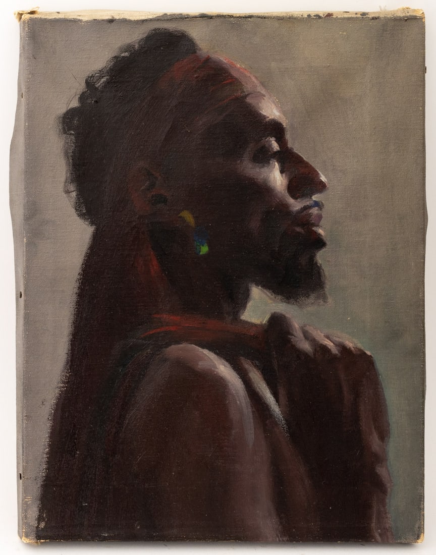 E. Meyer Portrait of a Man Oil on Canvas, 1949: E. Meyer (American, XX), Portrait of a Man, Oil on Canvas, 1949, side profile, man wearing headband and earrings, signed, dated, and marked "Property of Art Students League" verso, unframed. 16" H x 1