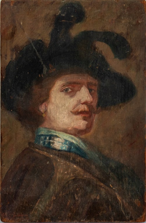 After Rembrandt van Rijn "Self Portrait" Oil: After Rembrandt Harmenszoon van Rijn (Dutch, 1606-1669), "Self Portrai XVII", Oil on Wood Board, apparently unsigned, unframed. 12" H x 8" W. Provenance: From a Chelsea Estate. Keywords: Paintings, Oi