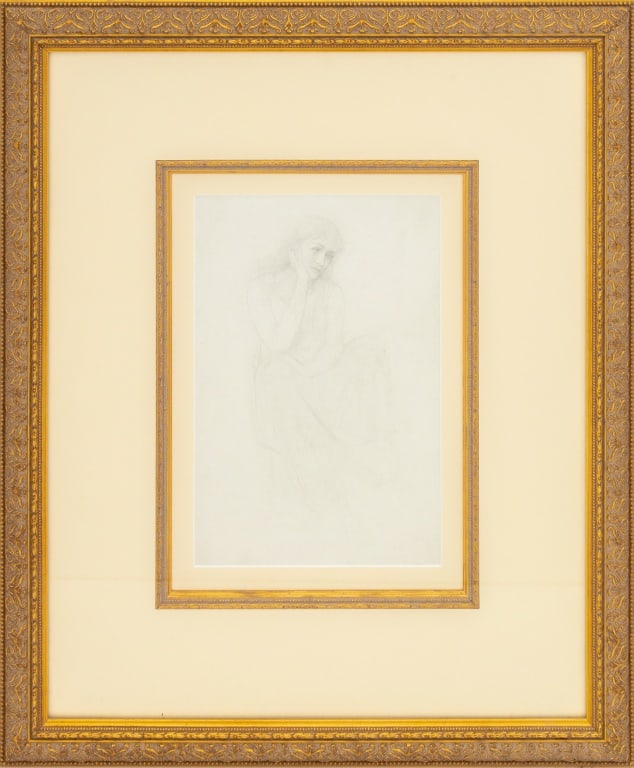 Academic Pensive Woman Graphite on Paper: Academic Manner, Portrait of a Pensive Woman, Graphite on Paper, unsigned, gilt frame with ornamented border. Image: 9.5" H x 6.5" W; frame: 20" H x 16.5" x 1" D. Provenance: Property from a 333 E 69t