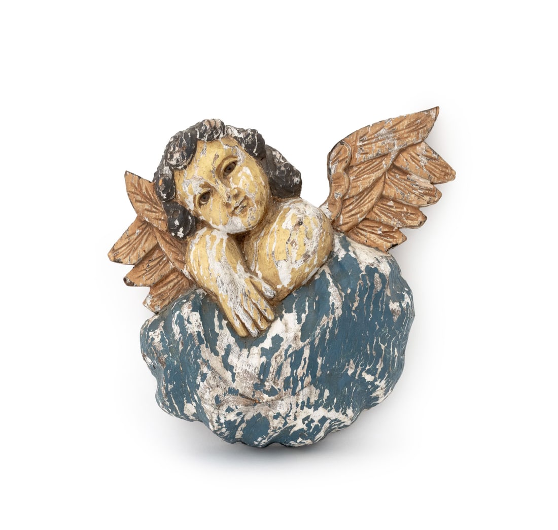 Italian Painted and Carved Winged Cherub Sculpture: Italian Polychrome Painted and Carved Winged Cherub Sculpture, on blue cloud with glass eyes. 11" H x 10" W x 3.5" D. Provenance: From a New York City Collection. Keywords: Carving, Three-dimensional,