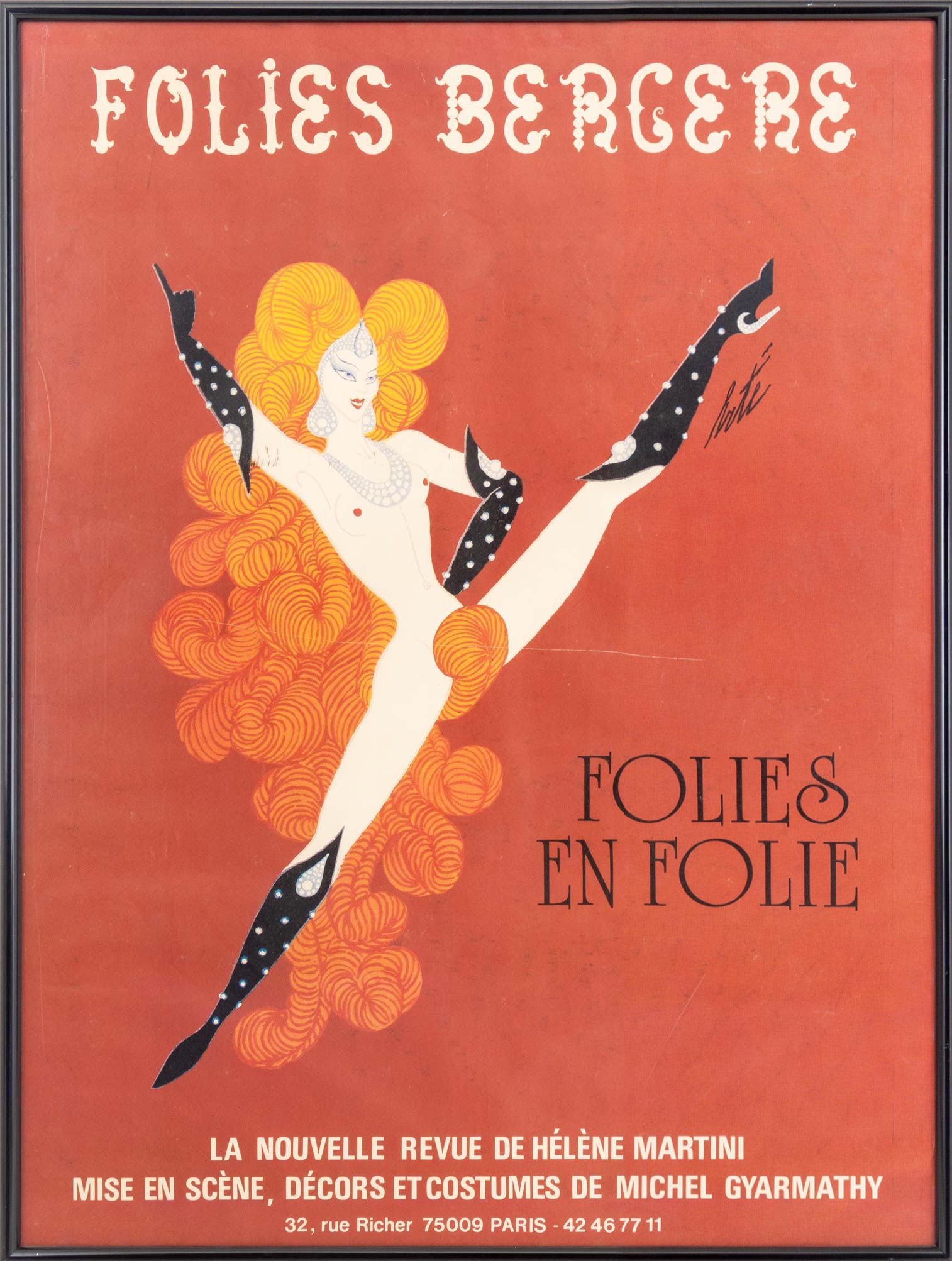Erte "Folies Bergere" Offset Lithograph: Erte (Romain de Tirtoff, Russian/French, 1892-1990), "Folies Bergere", Offset Lithograph in Colors, ebonized frame. Image: 61" H x 45.5" W; frame: 63.5" H x 47.75" W x 1.25" D. Provenance: From a New