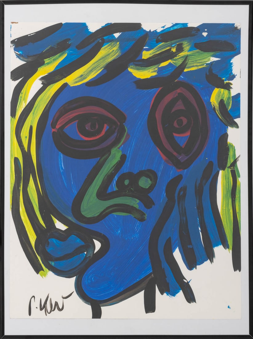 Peter Robert Keil Blue Head Acrylic on Paper: Peter Robert Keil (German, b. 1942), Blue Head, Acrylic on Paper, signed "P. Keil" lower left, black metal frame. Image: 28" H x 22" W; frame: 32" H x 24" W x 0.25" D. Provenance: From a New Jersey Co