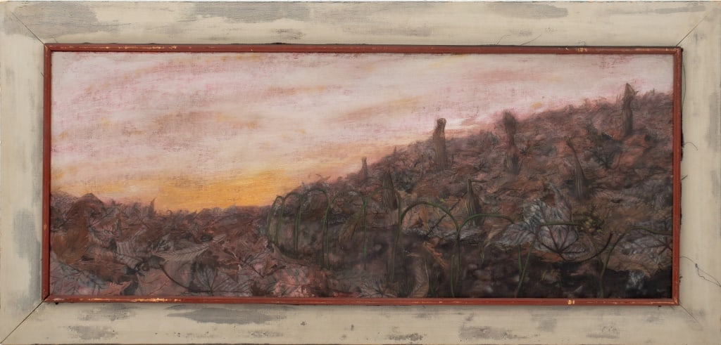 Charles Blum Autumn Leaves Landscape Oil, 1959: Charles Blum (American, 1925-1998), Autumn Fallen Leaves Landscape Scene, Oil on Board, 1959, signed and dated lower right, grey frame. Image: 14.25" H x 36" W; frame: 20" H x 41.75" W. Provenance: Fr