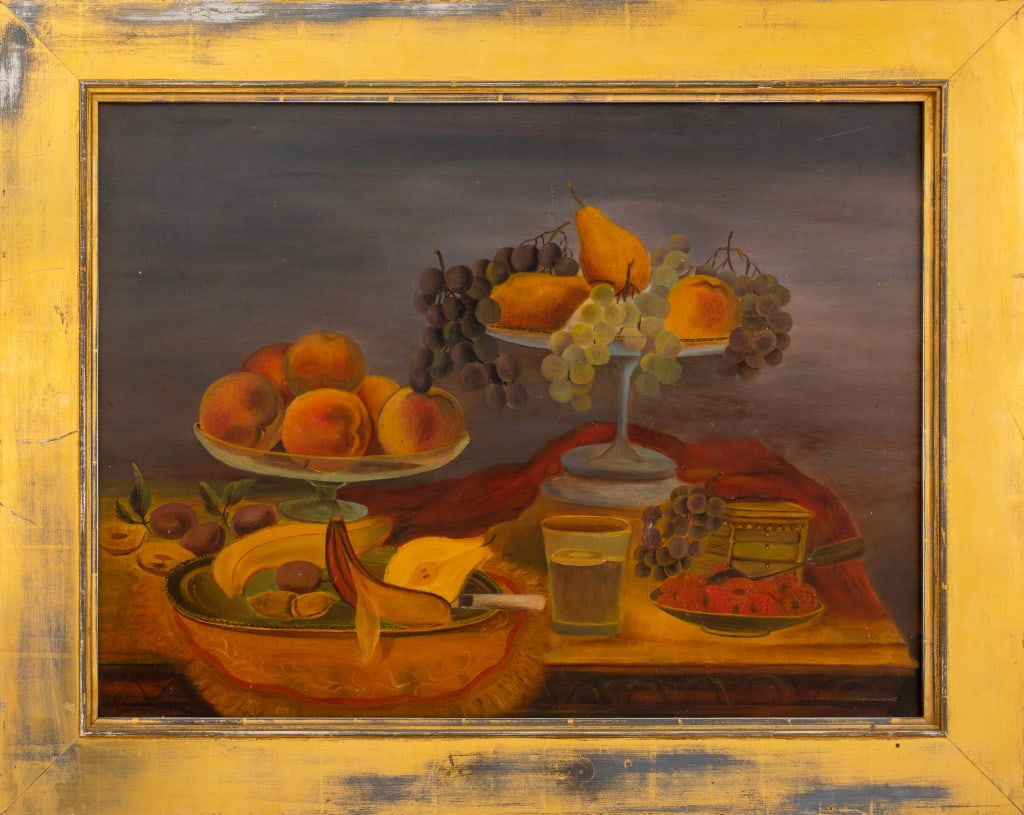 American School Still Life of Fruit Oil on Panel: American School, Still Life Scene of Fruit, Oil on Panel, apparently unsigned, giltwood frame. Image: 18" H x 24" W; frame: 23.5" H x 30" W. Provenance: From a New York City Collection. Keywords: Pain