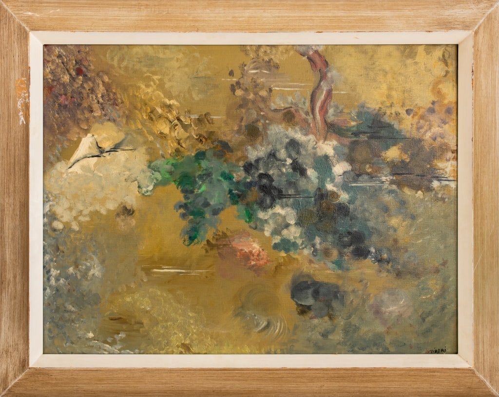 Midori Abstract Composition Oil on Canvas: Midori (XX), Abstract Composition, Oil on Canvas, signed lower right, silvered wood frame. Image: 17.5" H x 23" W; frame: 23.5" H x 29.5" W. Provenance: From a New York City Collection. Keywords: Pain