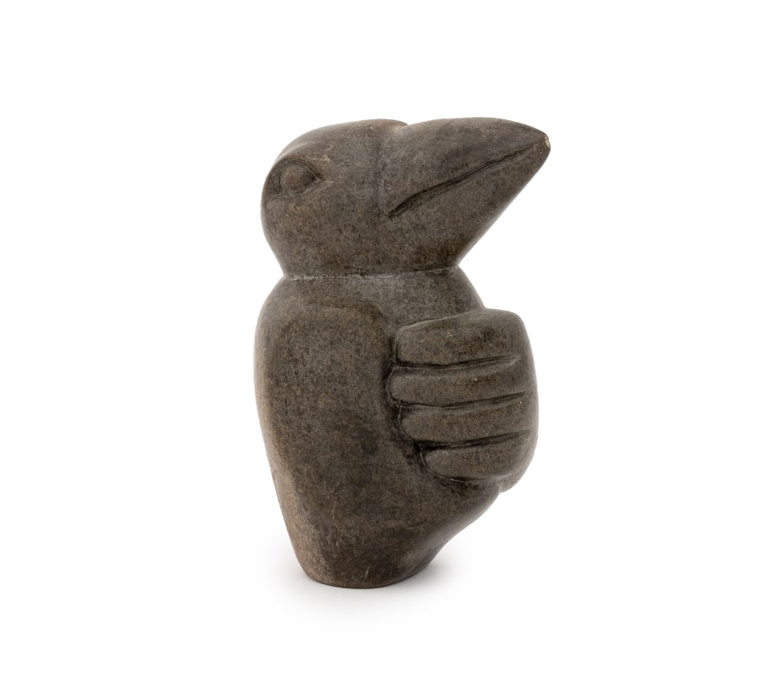 Inuit Carved Stone Raven Sculpture: Inuit Carved Stone Raven Sculpture, illegibly signed "N SHA (?)" underside. 11" H x 9" W x 3.5" D. Provenance: From a 631 1st St. Estate sale. Keywords: Sculpture, Carving, Statue, Tuluvak, Indigenous