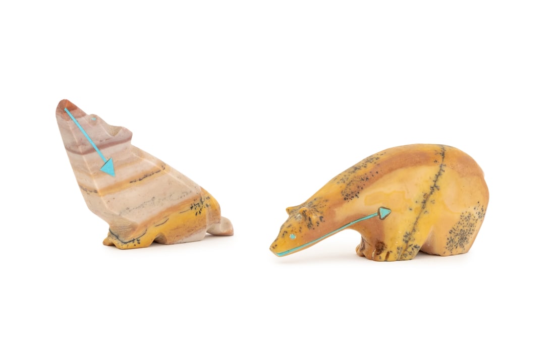 Zuni Turquoise Inlaid Carved Jasper Fetishes, 2: Two Zuni Turquoise Inlaid Carved Jasper Fetishes, one wolf and one bear, the bear signed "RN" to underside. Taller: 1.5" H x 2.25" W x 0.5" D. Provenance: From a New York City Collection. Keywords: Na