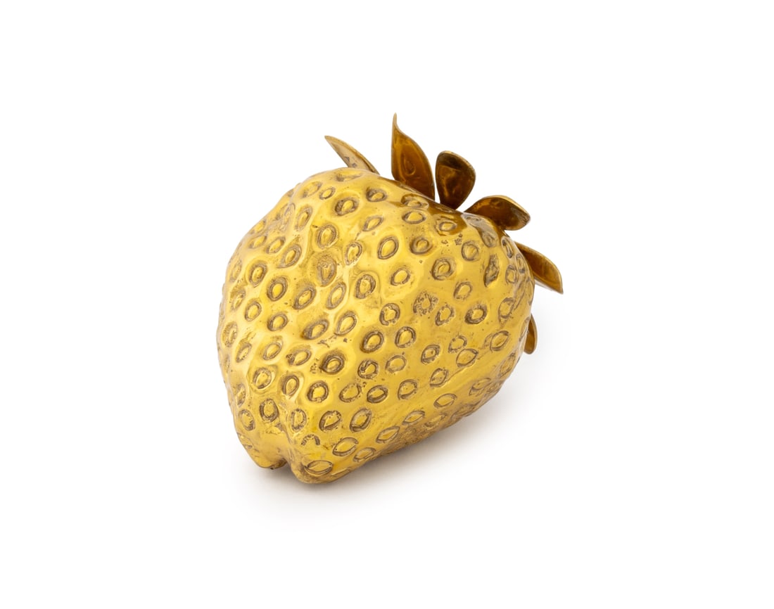 Aerin Strawberry Objet: Aerin Brass Strawberry Objet. 3.5" H x 4" W x 3.75" D. Provenance: From an East Village Estate. Keywords: Designer, Luxury brand, Sculpture, Ornament, Fruit, Desk accessories, Paperweight, Decorative